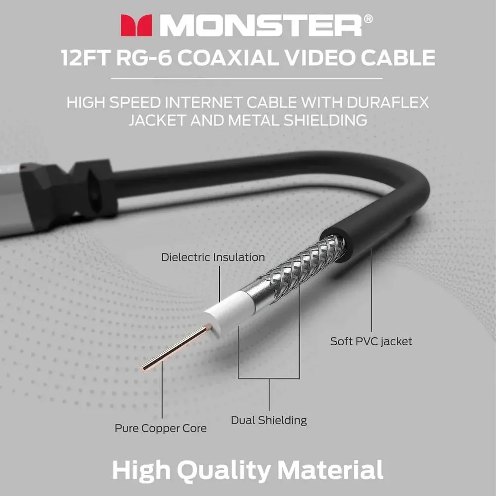 Monster Essentials Coaxial Video Cable - RG-6 Coax Cable Featuring Gold-Plated